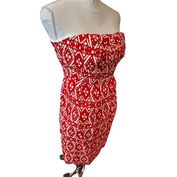 J Crew Strapless Cotton Summer Dress Red White Ikat Print 2 - Picture 3 of 7